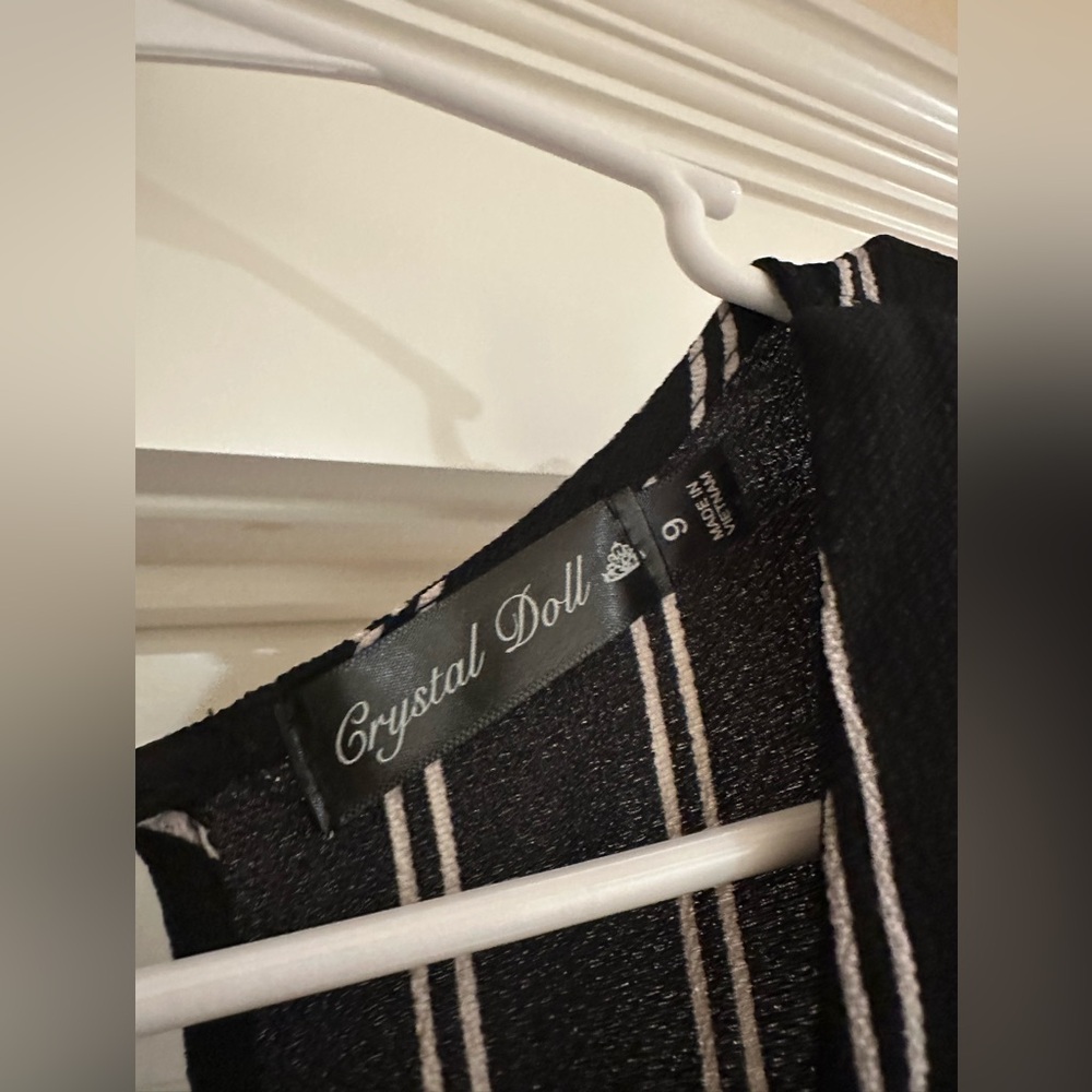 Crystal Doll Elegant Black and White Striped Overlay Hem Romper - Picture 6 of 8